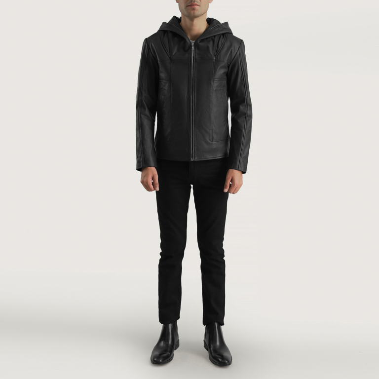 Mens Spratt Black Hooded Leather Jacket Full Length-2-1700228926733